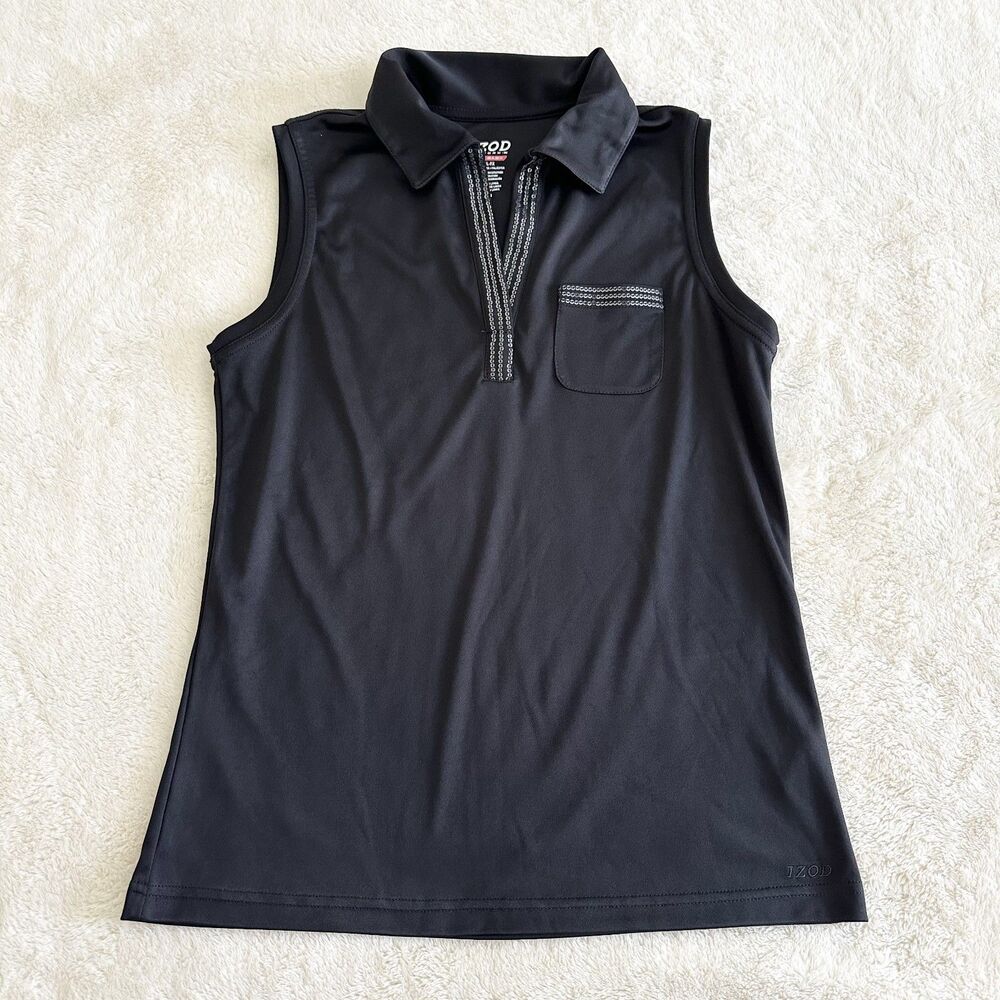 IZOD Sleeveless Polo Women's Size S Black Split Front Sequins Golf Shirt